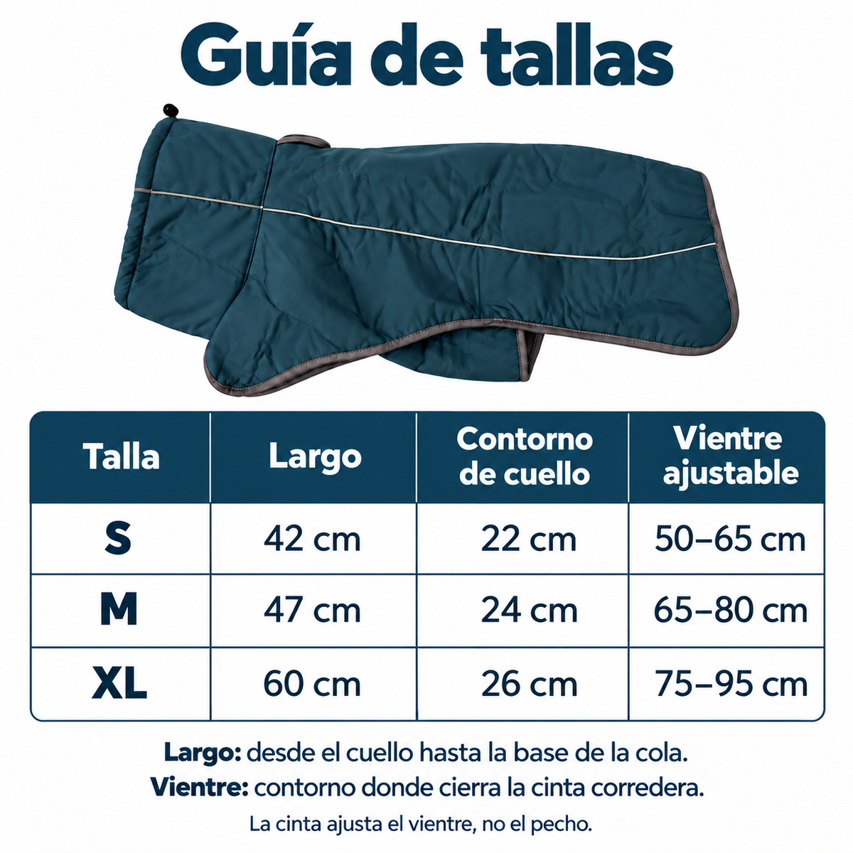 Guía de tallas con contorno de vientre ajustable: S 50–65, M 65–80 y XL 75–95 cm