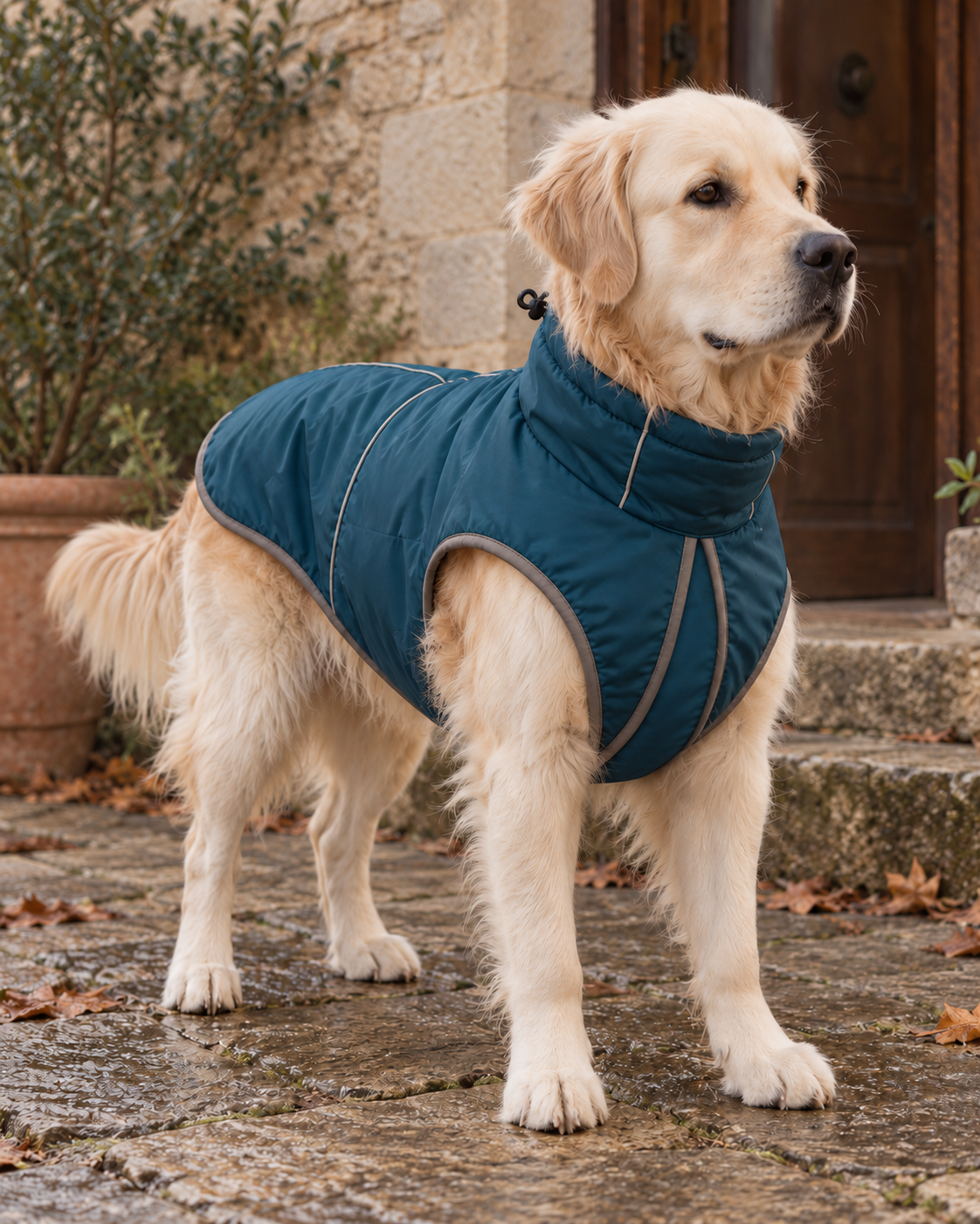 Golden retriever con el chubasquero azul
